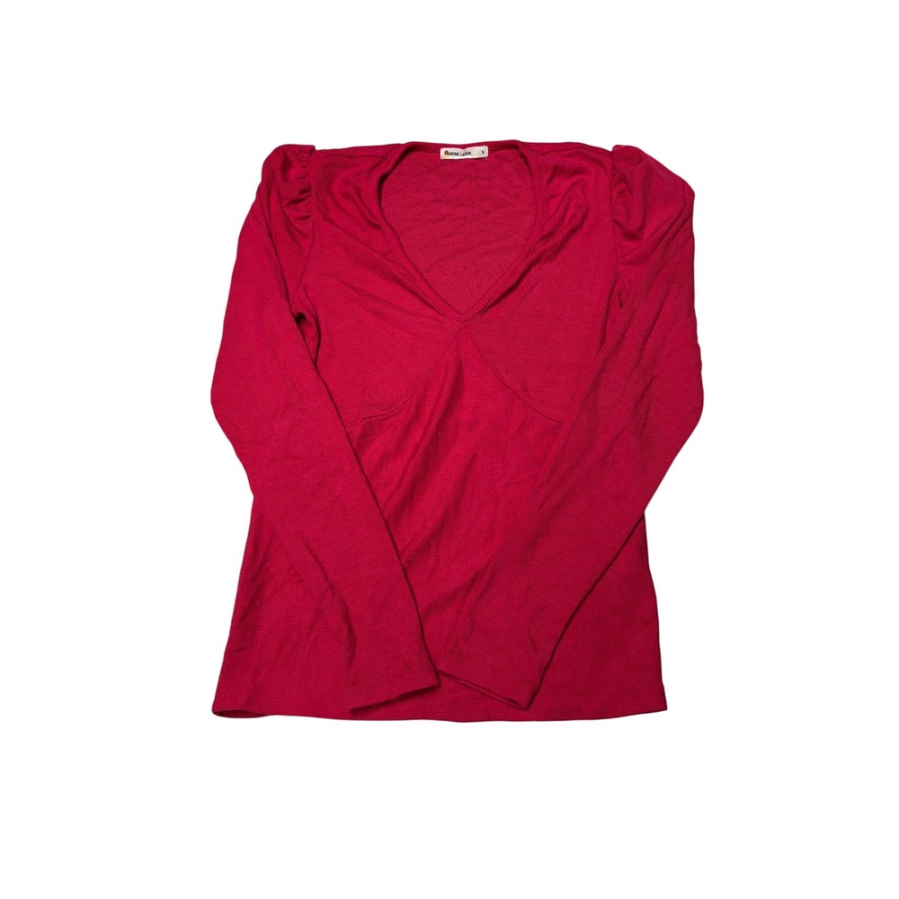 Marine Layer Red Ribbed V-Neck Puff Sleeve Top Holiday 2021 Style 14686 S Womens